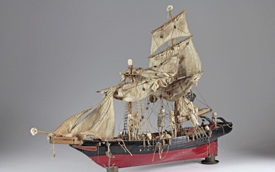 Bateau mortuaire. Travail de marin, 20e siècle, maquette de bateau, bois, métal et toile, partiellement...