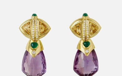 Baten, Multi-gem, diamond, and gold earrings