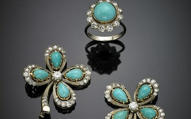 Bi-coloured gold diamond and turquoise jewellery set