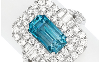 Blue Zircon, Diamond, White Gold Ring Stones: Emerald-cut zircon...