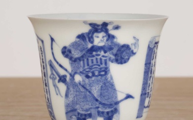 Blue and white porcelain beaker Chinese painted with a warrior...