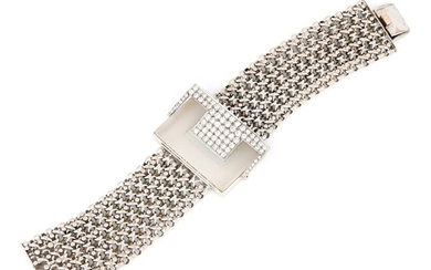 Bracelet à maillons souples en or blanc 18K avec fermoir central pavé de diamants taille...