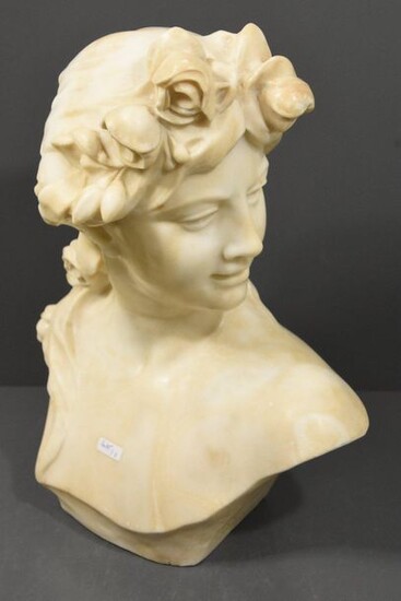 Bust of young lady in alabaster, signed J. Lambeaux (Ht 40cm)