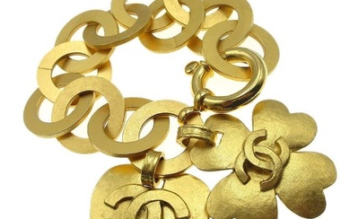 CHANEL CC Logos Heart Clover Charm Bangle Bracelet Gold-plated France 95P