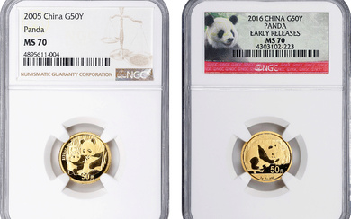 CHINA. Duo of Gold 50 Yuan (2 Pieces), 2005-16. Panda Series. Both NGC MS-70.
