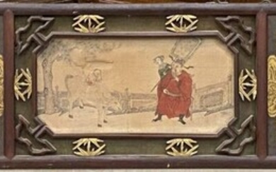 CHINE, fin XIXe. Élément de meuble en bois et peintures sur papier, à décor de...