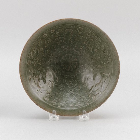 CHINESE CARVED CELADON PORCELAIN CONICAL BOWL Decoration of children and flowers. Diameter 7.4".