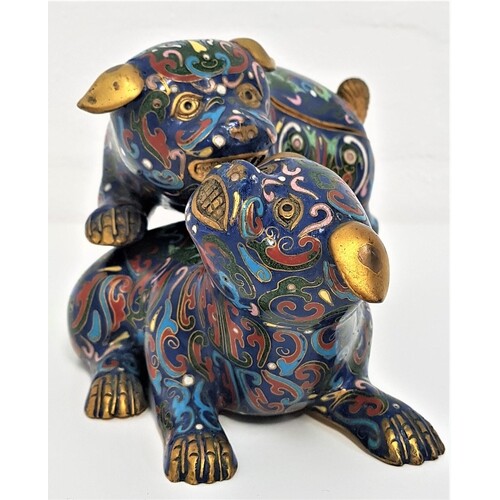 CHINESE CLOISONNE INCENSE BURNER in the form of two dogs of ...