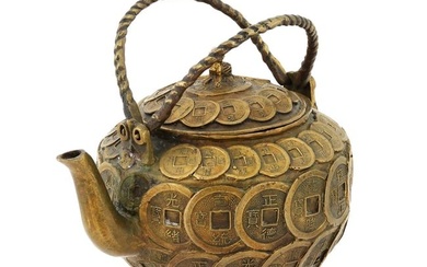CHINESE COPPER COIN TEAPOT WITH DOUBLE HANDLE