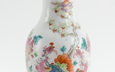 CHINESE FAMILLE ROSE PORCELAIN VASE Phoenix and flower decoration. Height 9.25".