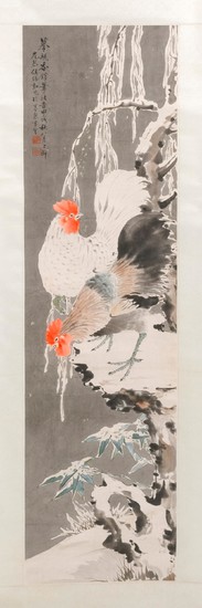 CHINESE SCROLL PAINTING ON PAPER Depicting two roosters in a snowy landscape. Signed and seal marked upper left. 48" x 12".