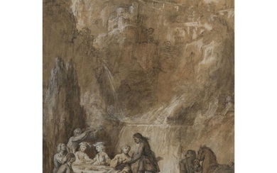 CIRCLE OF NICHOLAS LANCRET (FRENCH 1690 - 1743) ELEGANT FIGURES DINING BEFORE A WATERFALL