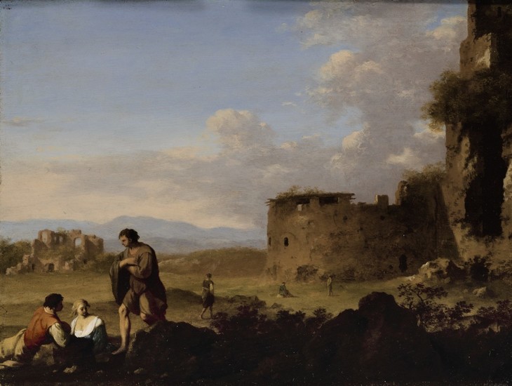CORNELIS VAN POELENBURCH | LANDSCAPE WITH ANCIENT RUINS AND SHEPHERDS LOUNGING IN THE FOREGROUND