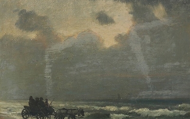 Carl Locher: Scenery with horsedrawn carriage. Signed C.L. Oil on canvas. 15.5×20 cm.