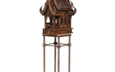 Carved Wood Spirit House with Carved Shingled Roof