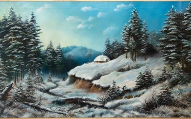 Central European Oil on Canvas, 20th C., "Winter Landscape with a Hunter", H 26" W 46"