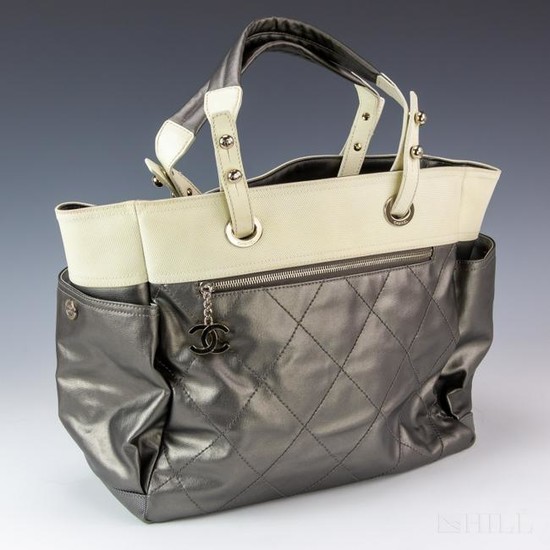 Chanel Grey Canvas Leather Biarritz XL Tote Bag