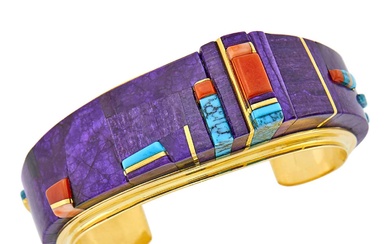 Charles Loloma Gold, Sugilite, Coral and Turquoise Cuff Bangle Bracelet