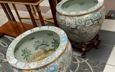 Pair of Chinese Porcelain Floral Jardinieres on Stands