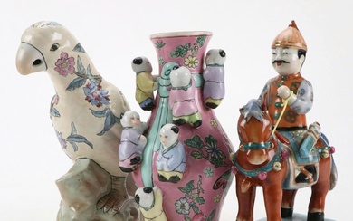 Chinese Porcelain Parrot and Horseman Figurines with Panda Vase, 20th Century