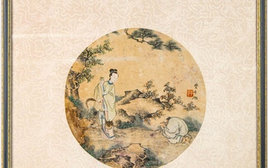 Chinese Watercolor on Paper, Woman with Beggar
