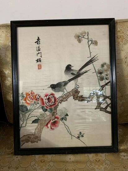 Chinese Yangzhou Embroidery Bird Flower with Frame