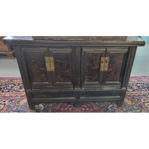 Chinese black painted sideboard, the moulded top above four ...