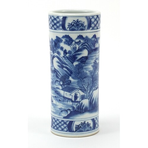 Chinese blue and white brush pot hand painted with a mountai...