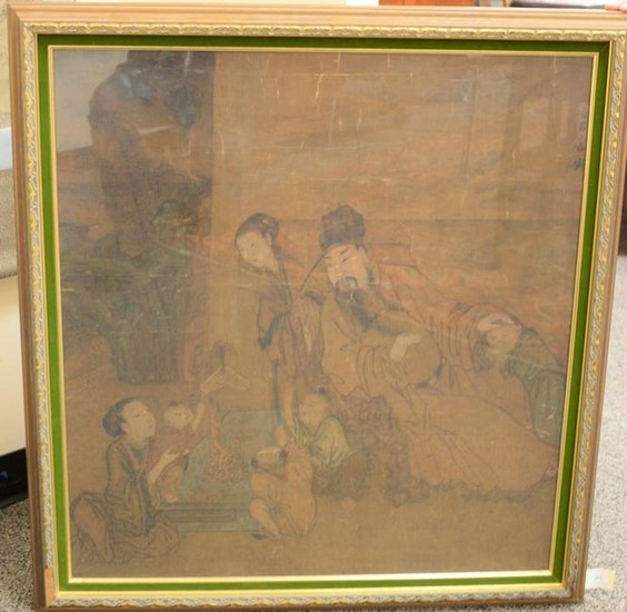 Chinese painting on silk, interior scene of family