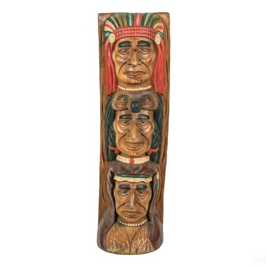 Cigar Shop Carved Wood Indian Totem Pole Sculpture