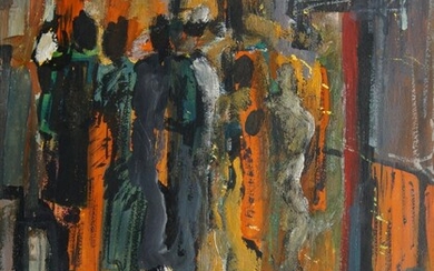 Circle of Maurice van Essche, South African 1906-1977- Figures in a city street; oil on board, 50 x 37.5 cm