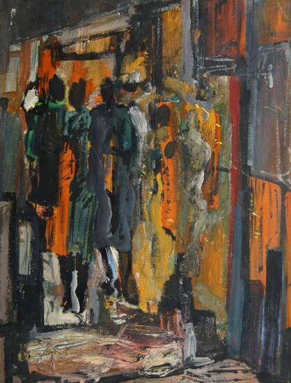 Circle of Maurice van Essche, South African 1906-1977- Figures in a city street; oil on board, 50 x 37.5 cm