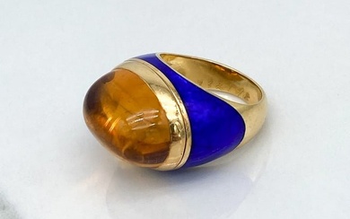 Citrine And Blue Enamel 18k Yellow Gold Ring