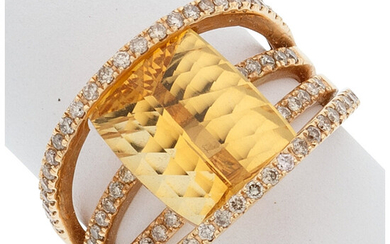 Citrine, Diamond, Gold Ring The ring features a cushion-shaped...