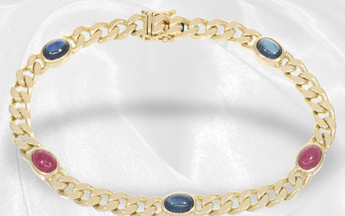 Classic vintage curb-link bracelet with coloured stone cabochons, solid gold work in 14K gold