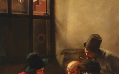 Claus Meyer, copy after, 20th century: Taproom with men playing dice. Unsigned. Oil on cardboard. 96×73 cm.