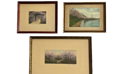 Collection Three WALLACE NUTTING Painted, Signed Photograph Prints, Washington D.C., Cherry Blossoms