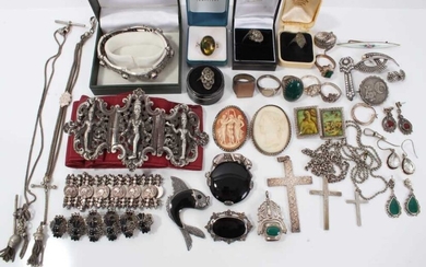 Collection of silver and white metal jewellery to include a silver amethyst and marcasite panel bracelet, silver and marcasite rings and brooches, and similar jewellery