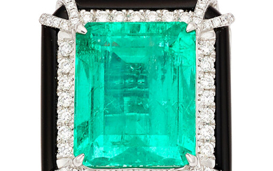 Colombian Emerald, Diamond, Black Onyx, White Gold Ring-Dant, Yana...