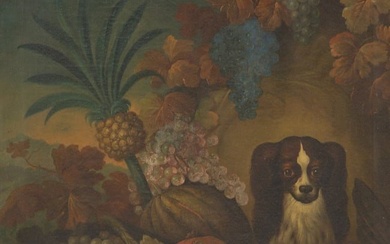 Continental School 19th Century King Charles Spaniel with Tropical Fruit in a Landscape