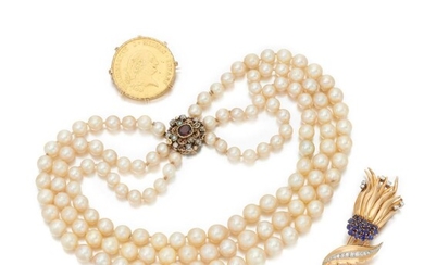Cultured pearl necklace and two brooches (Collana con perle coltivate e due spille)