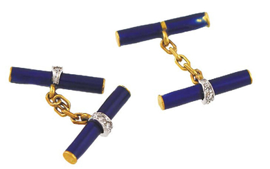 Cylindrical double motifs in yellow gold and blue...