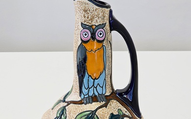 Czechoslovakian Art Deco Amphora enamelled handled vase with owl design (27cm)