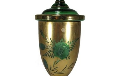 Czechoslovakian green gilded glass lided jar