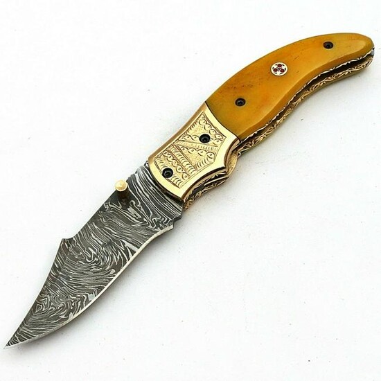 Damascus steel knife, camel bone and brass handle
