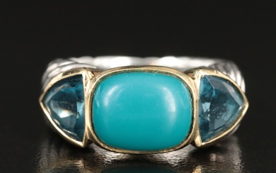 David Yurman Sterling, 18K Turquoise and Blue Topaz Sculpted Cable Ring