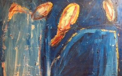 Deep Blue Figures, Large French Expressionist Original Oil Painting c.1980s