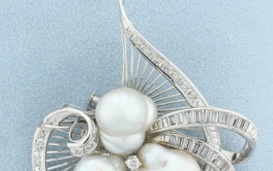 Diamond and Baroque Pearl Pendant Brooch Pin in 14k White Gold