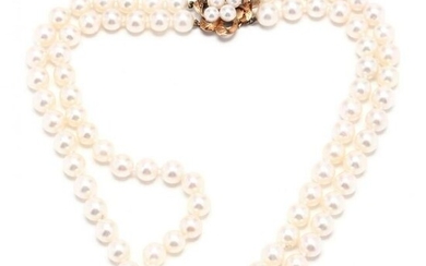 Double Strand Pearl Necklace with Gold and Pearl Clasp