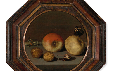 ÉCOLE HOLLANDAISE VERS 1620, Nature morte aux pommes, noix, un criquet, un papillon et un escargot